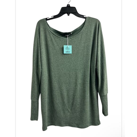 AIFER Off The Shoulder Oversized Batwing Sweater Green Tunic Top Women’s Large - Picture 2 of 9